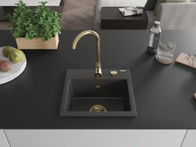 Mexen Milo, granitový drez 435x410x171 mm, 1-komorový, čierna škvrnitá so zlatým sifónom, 6505441000-76-G