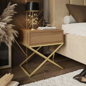 NOČNÝ STOLÍK EDWARD X DUB WOTAN + ZLATÝ OCEĽOVÝ PODSTAVEC