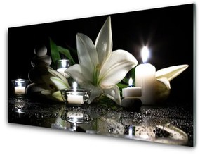 Skleneny obraz Ľalia sviečky kamene kúpele 125x50 cm