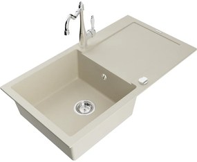 Mexen Leo, granitový drez 900x500x190 mm, 1-komorový a drezová batéria Carla, béžová, 6501-69-670700-00