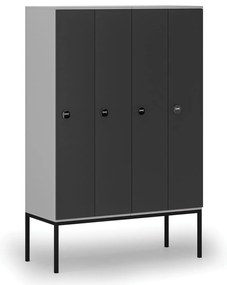 Drevená šatníková skrinka S4 s podnožou, 4 oddiely, 1871 x 1200 x 500 mm, demont, RFID zámok, sivá/grafit