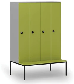 Drevená šatníková skrinka s lavičkou, 4 oddiely, 1871 x 1200 x 500/800 mm, RFID zámok, sivá/zelená
