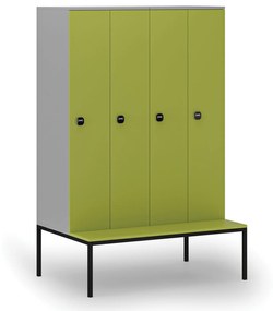 Drevená šatníková skrinka s lavičkou, 4 oddiely, 1871 x 1200 x 500/800 mm, RFID zámok, sivá/zelená