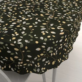 Biante Bavlnený oválny obrus Sandra SA-722 Vetvičky s lístkami na tmavo zelenom 120x140 cm