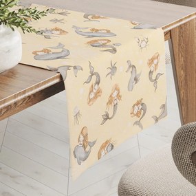 Biante Detský bavlnený behúň na stôl Sandra SA-670 Sivo-hnedé morské panny s delfínmi na žltobéžovom 20x120 cm