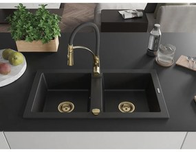 Mexen Mario, granitový drez 820x436x161 mm, 2-komorový a drezová batéria Aster, čierna, 6504-77-73450-57-G