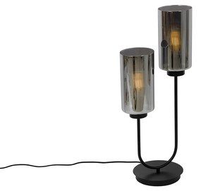 Art Deco stolná lampa čierna s dymovým sklom 2-svetlo - Laura