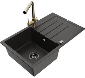 Mexen Bruno, 1-komorový granitový drez s odkvapkávačom 795x495x200 mm a zlatá batéria Duero, čierna-zlatá metalíza, 6513-75-671600-50-B