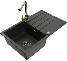 Mexen Bruno, 1-komorový granitový drez s odkvapkávačom 795x495x200 mm a zlatá batéria Duero, čierna-zlatá metalíza, 6513-75-671600-50-B