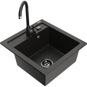 Mexen Vito, 1-komorový granitový drez 520x490x210 mm, čierna matná batéria Telma, čierna-zlatá metalíza, 6503-75-670200-70-B