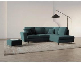 Zamatová rozkladacia/s úložným priestorom rohová pohovka v petrolejovej farbe (pravý roh/do L) Kyoto – Cosmopolitan Design