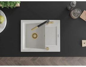 Mexen Enzo, 1-komorový granitový drez 576x465x174 mm a drezová batéria Flora, biela, 6506-20-670401-57-G