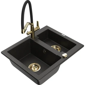 Mexen Carlos, 1,5-komorový granitový drez 582x475x177 mm a drezová batéria Duo, čierna-zlatá metalíza, 6518-75-671701-57-G