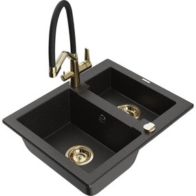 Mexen Carlos, 1,5-komorový granitový drez 582x475x177 mm a drezová batéria Duo, čierna-zlatá metalíza, 6518-75-671701-57-G