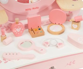 Veľká drevená toaletka ELLY pre deti s LED svetlom a taburetkou ružová