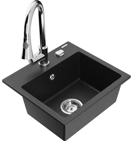 Mexen Milo, 1-komorový granitový drez 435x410x171 mm a drezová batéria Elia, čierna-strieborná metalíza, 6505-73-670101-00