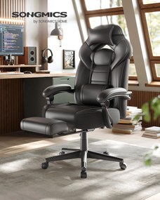 Herná stolička s opierkou nôh, ergonomický dizajn, čierna farba