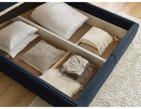 Tmavomodrá čalúnená dvojlôžková posteľ s úložným priestorom a roštom 160x200 cm Jade – Bobochic Paris