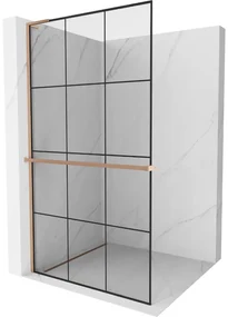 Mexen Kioto+ L, sprchová zástena Walk-In s poličkou a vešiakom 100 x 200 cm, 8mm číre sklo čierny vzor, medený matný profil, 800-100-123-65-77