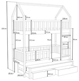 Detská domčeková poschodová posteľ z masívu borovice OTA s prístelkou a šuplíky - 200x90 cm - BIELA