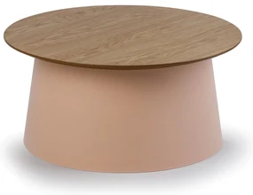 Plastový kávový stolík SETA s drevenou doskou, priemer 69 cm, dub/tehlová