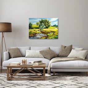 Sklenený obraz - Rieka medzi lúkami, olejomaľba (70x50 cm)