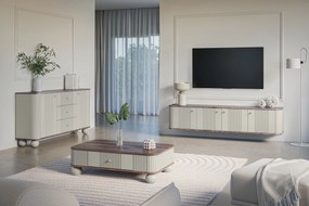 Závesný TV stolík Vespera 4D 187 cm - kašmírová / orech / zlatá