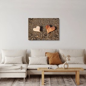 Sklenený obraz - Drevené srdiečka (70x50 cm)