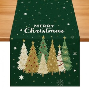 Ľanový vianočný behúň STARLIT TREES 33x180 cm, zelený