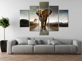 Gario Obraz s hodinami Osamelý silný slon - 5 dielny Rozmery: 150 x 70 cm