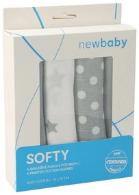 Látkové bavlnené plienky New Baby Softy s potiskom 70 x 70 cm 4 ks šedo-biele