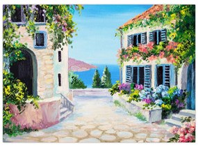 Sklenený obraz - Grécka ulička, olejomaľba (70x50 cm)