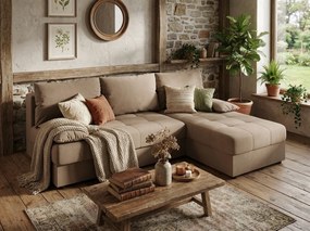 Rozkladacia obojstranná sedacia súprava do L VENORIA SLIM 200x143 cm, béžová + 2 vankúšiky ZDARMA