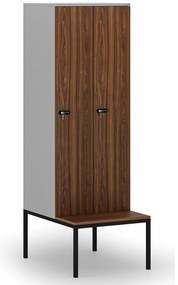 Drevená šatníková skrinka S4 s lavičkou, 2 oddiely, 1871 x 600 x 500/800 mm, demont, mechanický kódový zámok, sivá/orech