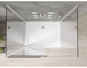 Mexen Omega, 3-stenový sprchovací kút s posuvnými dverami 100 (dvere) x 90 (stena) x 190 cm, 8mm číre sklo, chrómový profil + biela sprchová vanička SLIM, 825-100-090-01-00-3S-4010