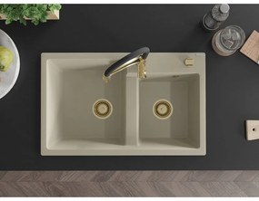 Mexen Tomas, 2-komorový granitový drez 800x500x190 mm a drezová batéria Aster, béžová, 6516-69-73450-57-G