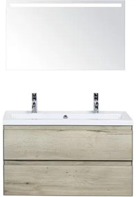 Kúpeľňový nábytkový set Evora 100 cm s keramickým umývadlom 2 otvormi na kohúty a zrkadlom s LED osvetlením dub prírodný