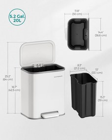 SONGMICS pedálový kôš 20L s vekom s mäkkým zatváraním, biely