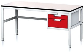 Nastaviteľný dielenský stôl MECHANIC II, 2 zásuvkový box na náradie, 1600x700x745-985 mm, sivá/červená
