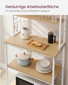 Regál do kuchyne, Stojan na mikrovlnku, 6 políc a 6 hákov, farba dub a biela