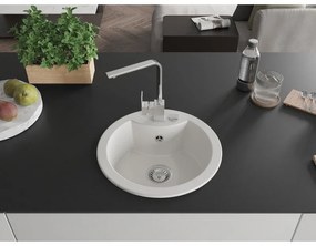 Mexen Diego, 1-komorový granitový drez 488x488x167 mm, chrómový sifón, chrómová batéria Rita, biela, 6512-20-670300-00