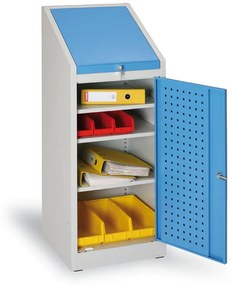 Dielenská policová skrinka na náradie s pultom KOVOS, 3 police, perforované dvere, 500 x 500 x 1300 mm