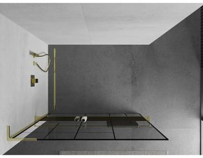 Mexen Kioto+ L, sprchová zástena Walk-In s poličkou a vešiakom 100 x 200 cm, 8mm číre sklo čierny vzor, zlatý lesklý profil,800-100-123-50-78