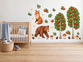Líška a medvedík pod jarabinami jarabinové detské nálepky na stenu do izby pre chlapcov aj dievčatá arch 34 x 46 cm