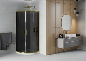 Mexen Rio, štvrťkruhový sprchovací kút s posuvnými dverami 80(dvere) x 80(dvere) x 190 cm, 6mm šedé sklo, zlatý profil + biela sprchová vanička SLIM, 863-080-080-50-40-4110G