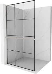 Mexen Kioto+ L, sprchová zástena Walk-In s poličkou a vešiakom 100 x 200 cm, 8mm číre sklo čierny vzor, brúsená oceľ profil, 800-100-123-97-77