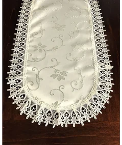 Luxusný béžový oválny obrus s jemnou vyšívkou a krajkou Šírka: 80 cm | Dĺžka: 140 cm