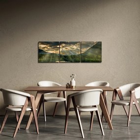 Obraz jazera s presvitajúcim slnkom (s hodinami) (90x30 cm)