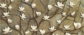Obraz - Biele magnólie na kamennom murive (120x50 cm)