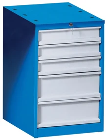 Zásuvkový dielenský box na náradie k pracovnému stolu GD, 5 zásuviek, 510 x 592 x 810 mm, modrá / sivá